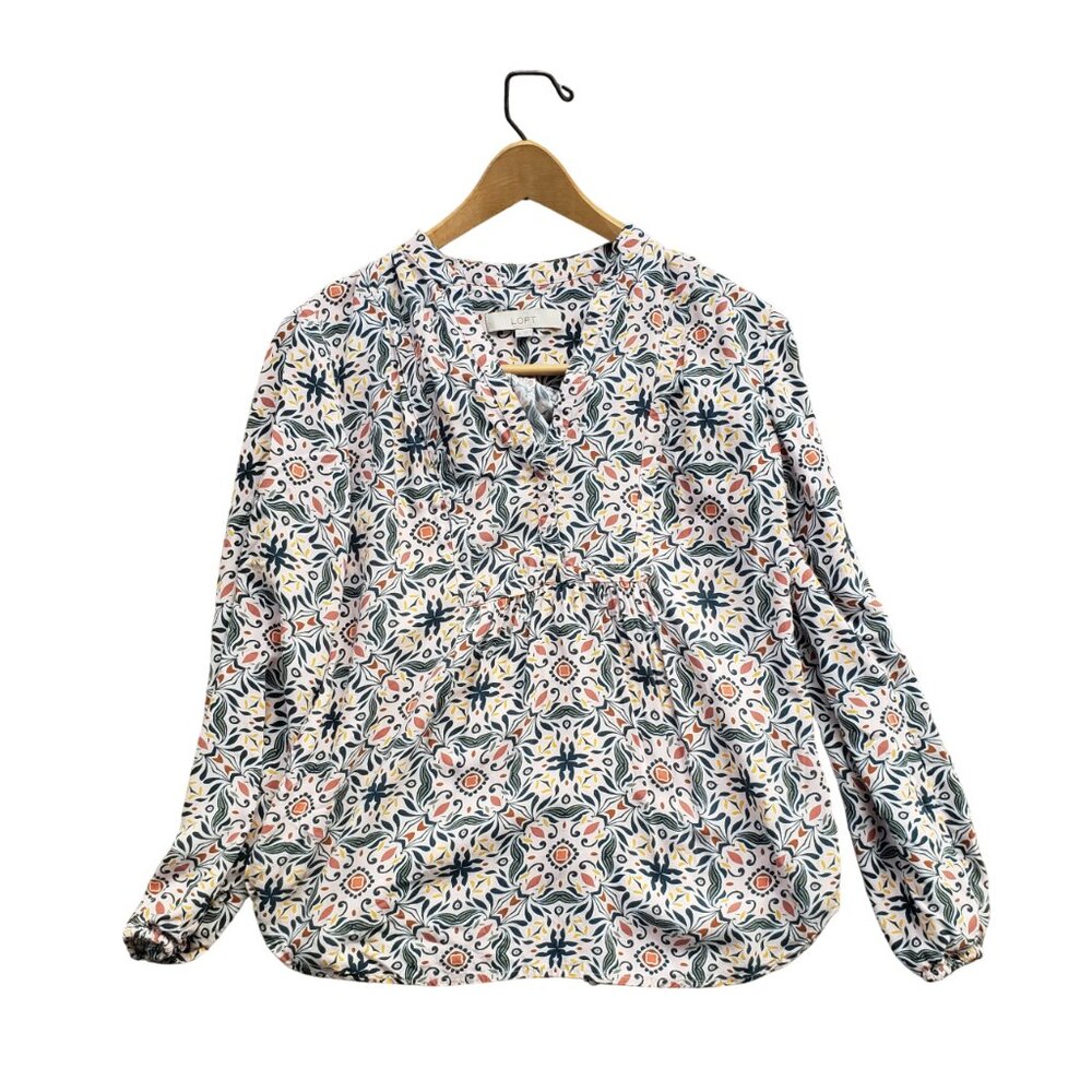 Boho Henley Top Geometric Print Loft Women's XS Ann Taylor LOFT
